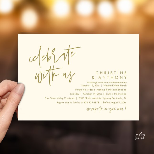 Moderne minimalistische Hochzeitsempfangs-Dinner Einladung (Modern Minimalist Wedding Reception Dinner Invitation Card, Celebrate with us, in Yellow gold)