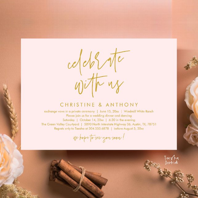 Moderne minimalistische Hochzeitsempfangs-Dinner Einladung (Modern Minimalist Wedding Reception Dinner Invitation Card, Celebrate with us, in Yellow Gold Blush)