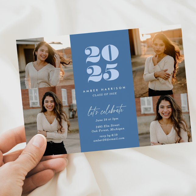 Moderne Minimalistische Höhenneuheit Grad | Royal  Einladung (Modern Minimalist Soaring Grad | Royal Blue + Light Blue Photo Invitation)