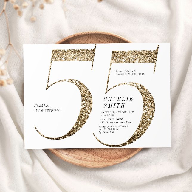 Moderne minimalistische Imitate Gold Glitzer 55. G Einladung (Modern minimalist faux gold glitter 55th birthday invitation)