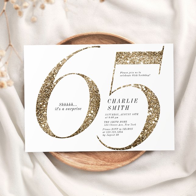 Moderne minimalistische Imitate Gold Glitzer 65. G Einladung (Modern minimalist faux gold glitter 65th birthday invitation)