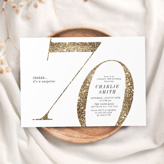 Moderne minimalistische Imitate Gold Glitzer 70. G Einladung (Modern minimalist faux gold glitter 70th birthday invitation)