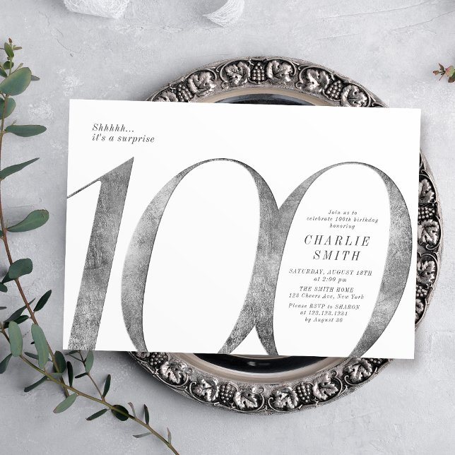 Moderne minimalistische Imitate silber 100. Geburt Einladung (Modern minimalist faux silver 100th birthday invitation)