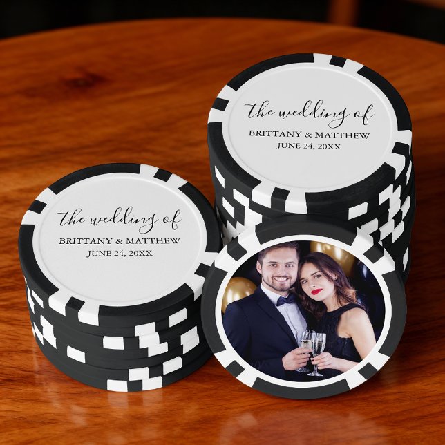Moderne Minimalistische Kalligrafie-Foto-Hochzeit Pokerchips (Customize to change text size, text style or background color.)