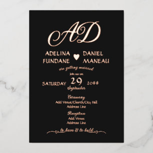 Moderne minimalistische Kalligrafie Herz Schwarz & Folieneinladung