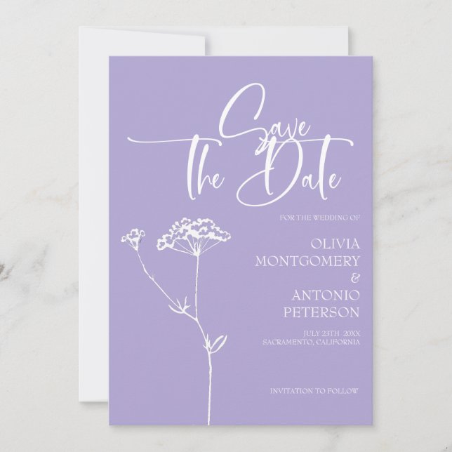 Moderne Minimalistische Kalligrafie Lavender Weddi Save The Date (Vorderseite)