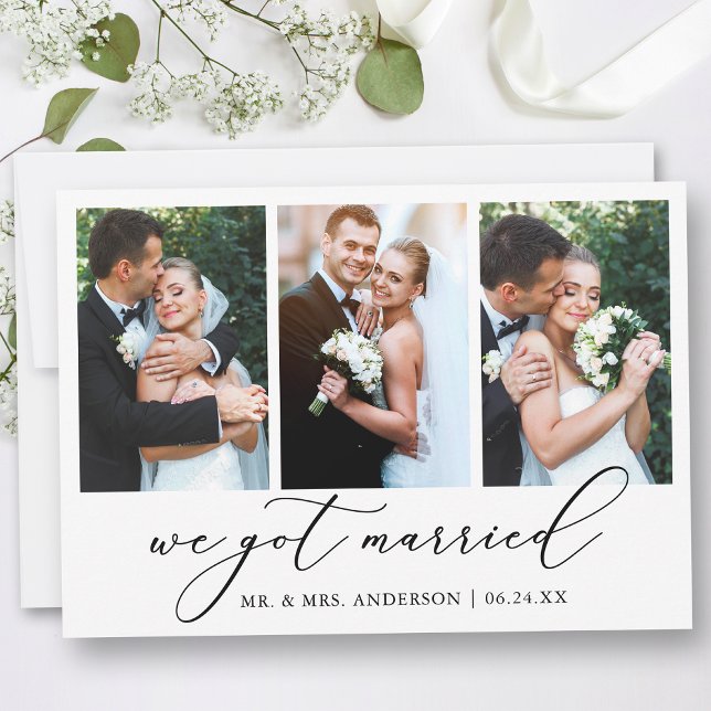 Moderne Minimalistische Kalligraphie 3 Foto Weddin Ankündigung (Customize to add text or more photos to back of card.)