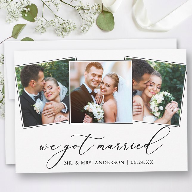 Moderne Minimalistische Kalligraphie 3 Fotos Hochz Ankündigung (Customize to add text or more photos to back of card.)