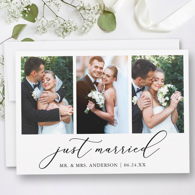 Moderne Minimalistische Kalligraphie 3 Fotos Hochz Ankündigung (Customize to add text or more photos to back of card.)