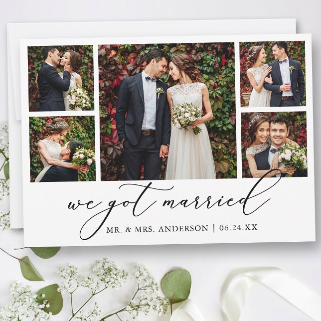 Moderne Minimalistische Kalligraphie 5 Fotos Hochz Ankündigung (Customize to add text or more photos to back of card.)