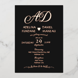 Moderne Minimalistische Kalligraphie Herz Black &  Folieneinladung