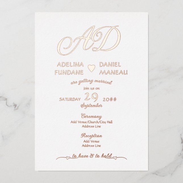 Moderne Minimalistische Kalligraphie Herz White &  Folieneinladung (Vorderseite)