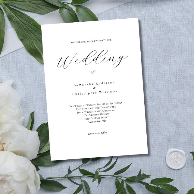 Moderne Minimalistische Kalligraphie-Hochzeit Einladung (Modern Minimalist Elegant Wedding Invitation with Script Font. Black and White.)