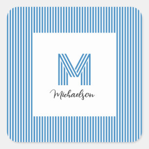 Moderne Minimalistische Küstenblaue Streifen Monog Quadratischer Aufkleber