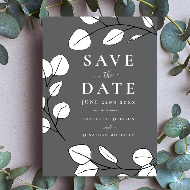 Moderne Minimalistische Leaf-Hochzeit Save The Date (Minimalist eucalyptus leaves modern stylish gray wedding save the date invitation )