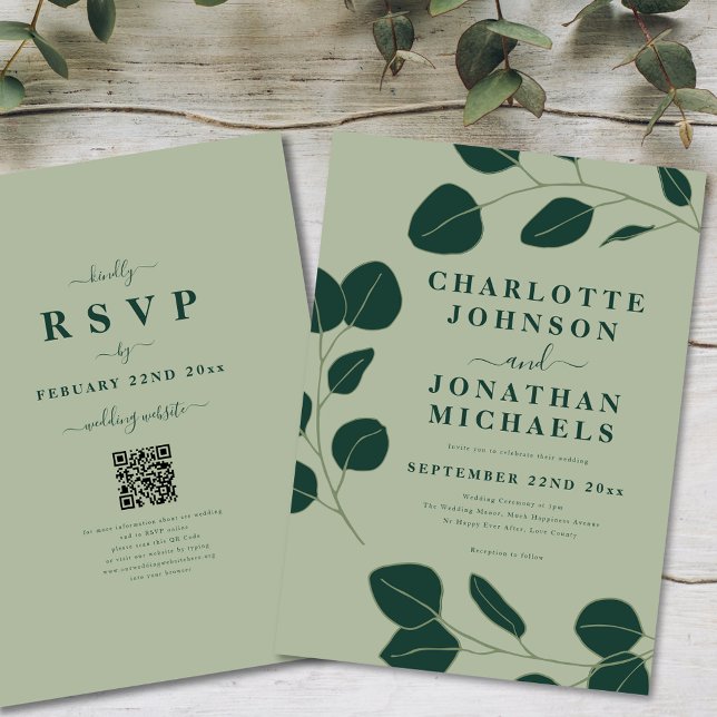 Moderne Minimalistische Leaf Sage Green Wedding Einladung (Modern minimalist eucalyptus leaf elegant wedding invitation ideal for an outdoor forest wedding)