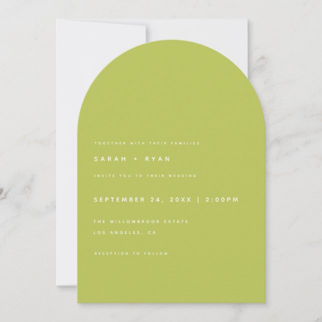 Moderne minimalistische limegrüne Bogenhochzeit Einladung (Vorderseite)