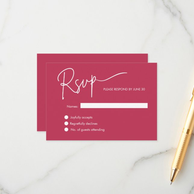 Moderne Minimalistische Magenta Red Wedding RSVP Begleitkarte (Vorderseite/Rückseite Beispiel)