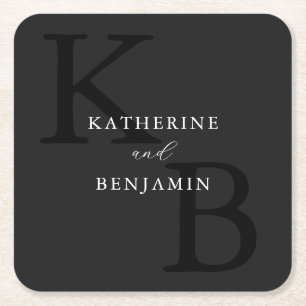 Moderne Minimalistische Matte Black Monogram Weddi Rechteckiger Pappuntersetzer