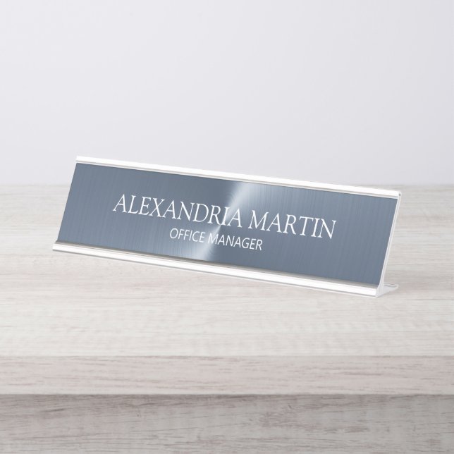 Moderne Minimalistische Metallic Blue Job Name Schreibtischnamensplakette (Vorderseite )