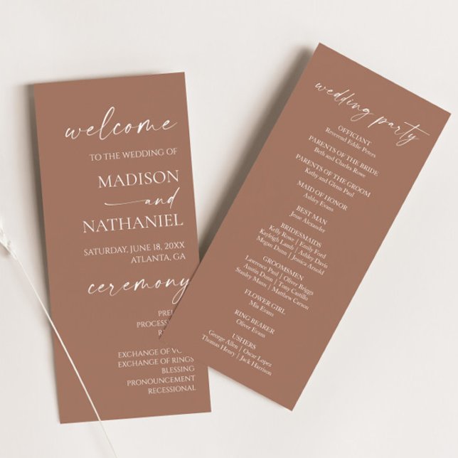 Moderne Minimalistische Mocha Mousse Wedding Programm (Von Creator hochgeladen)