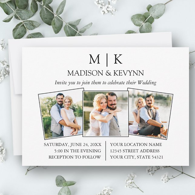 Moderne Minimalistische Monogram 3 Foto Hochzeit Einladung (Customize to change text size or text style.)