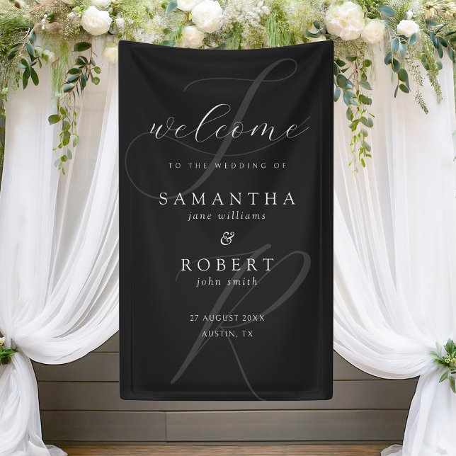 Moderne Minimalistische Monogram Black Wedding Wil Banner (Von Creator hochgeladen)