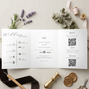 Moderne Minimalistische Monogram Black & White Wed Dreifach Gefaltete Einladung