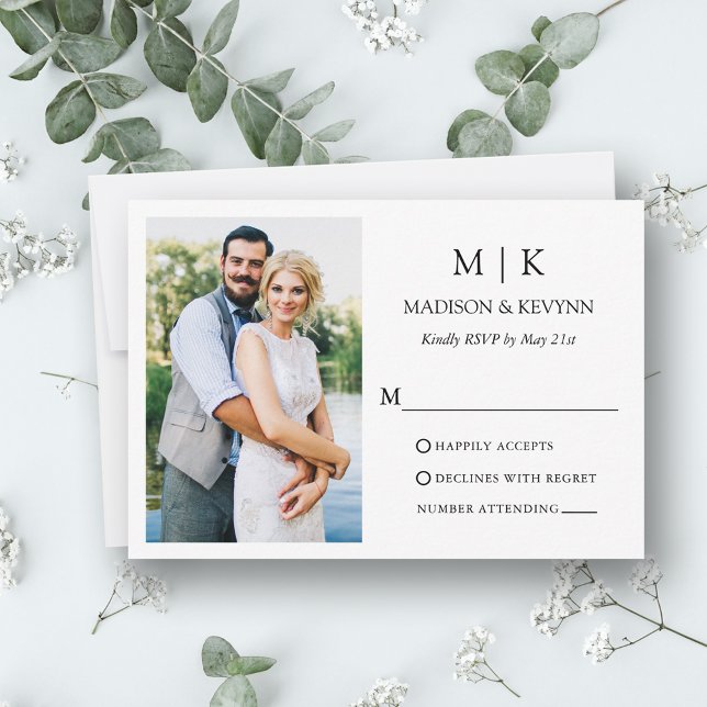 Moderne Minimalistische Monogramm-Foto-Hochzeit RSVP Karte (Customize to change text size, text style or to add more text to back of card.)