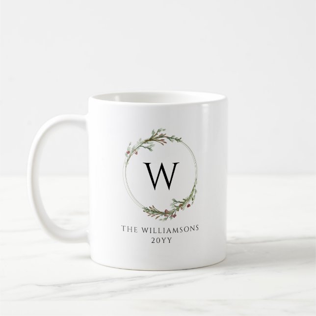 Moderne minimalistische Monogramm-Kranz Kaffeetasse (Links)