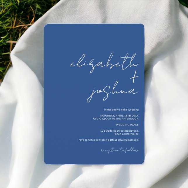 Moderne minimalistische Namen kalligraphische blau Einladung (Modern minimalist names calligraphy blue wedding invitation)