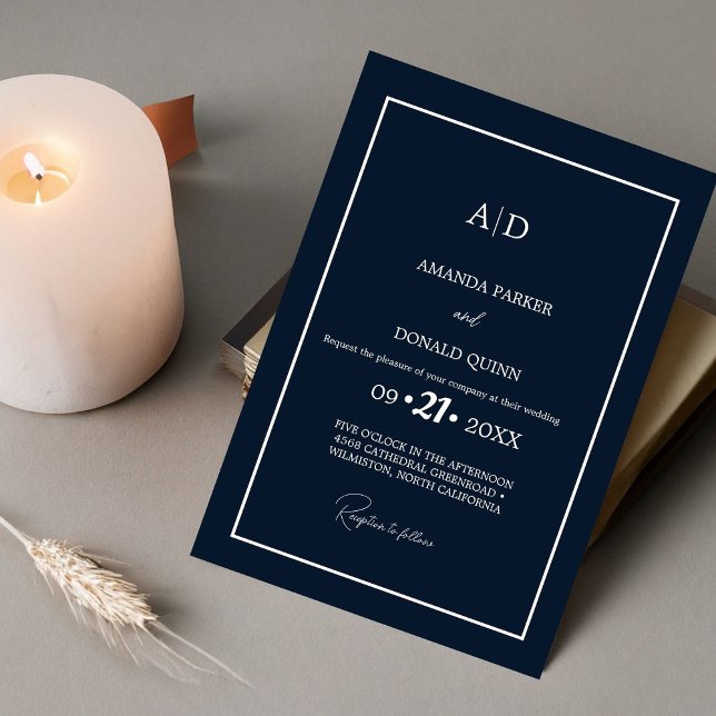 Moderne Minimalistische Navy Blue Monogram Wedding Einladung (Von Creator hochgeladen)