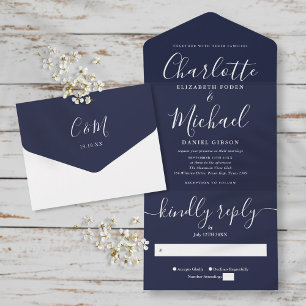 Moderne minimalistische navyblaue Schrift Hochzeit All In One Einladung