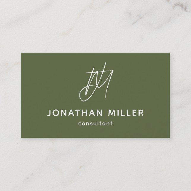 Moderne Minimalistische Olive Green Monogram Visitenkarte (Vorderseite)