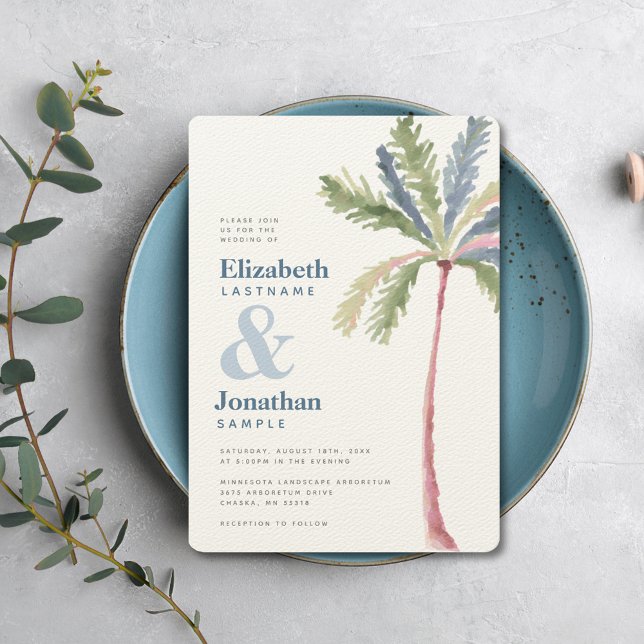 Moderne Minimalistische Palmenbaumdestination Einladung (Modern Minimalist Palm Tree Beach Wedding Invitation)