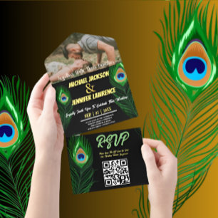 Moderne Minimalistische Peacock Feather Foto Weddi All In One Einladung