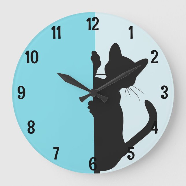 Moderne minimalistische Peeking Kitty Cat - Blau Große Wanduhr (Vorderseite)