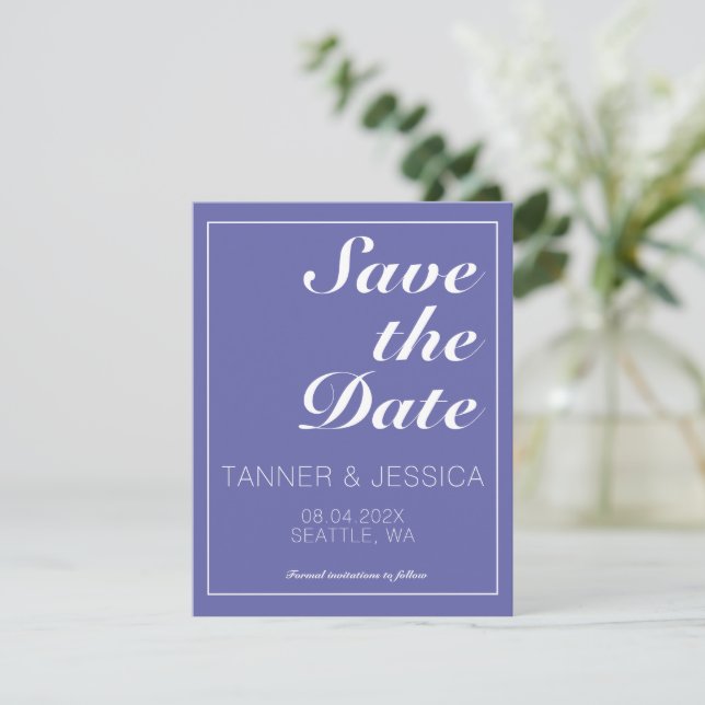 Moderne Minimalistische Periwinkle & White Save th The Date (Stehend Vorderseite)