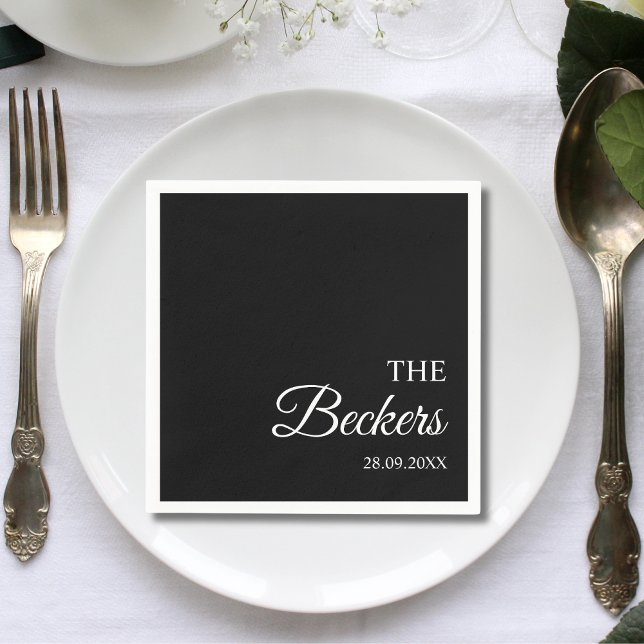 Moderne Minimalistische Personalisierte Hochzeit Serviette (Modern minimalist black personalized napkins add sleek elegance to your wedding table)
