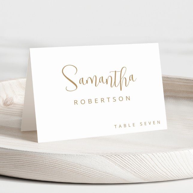 Moderne, Minimalistische Platzkarte Tischnummer (Modern minimalist simple gold calligraphy place card)