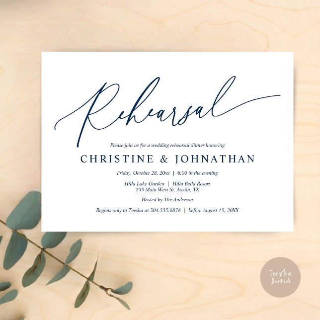 Moderne Minimalistische Probe, Hochzeit und Abende Einladung (Wedding Rehearsal Dinner Invitation Card, PDF, Modern Minimalist Handwriting, in Navy Blue)