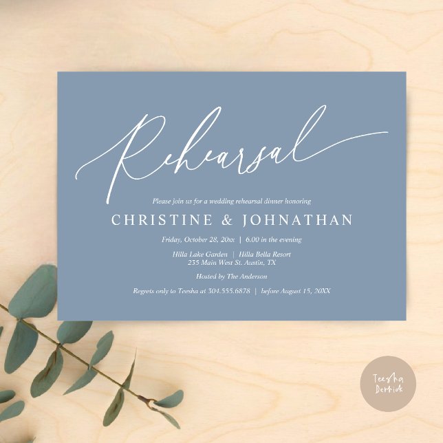 Moderne Minimalistische Probe, Hochzeit und Abende Einladung (Wedding Rehearsal Dinner Invitation Card, PDF, in Modern Minimalist Handwriting, In Dusty Blue)