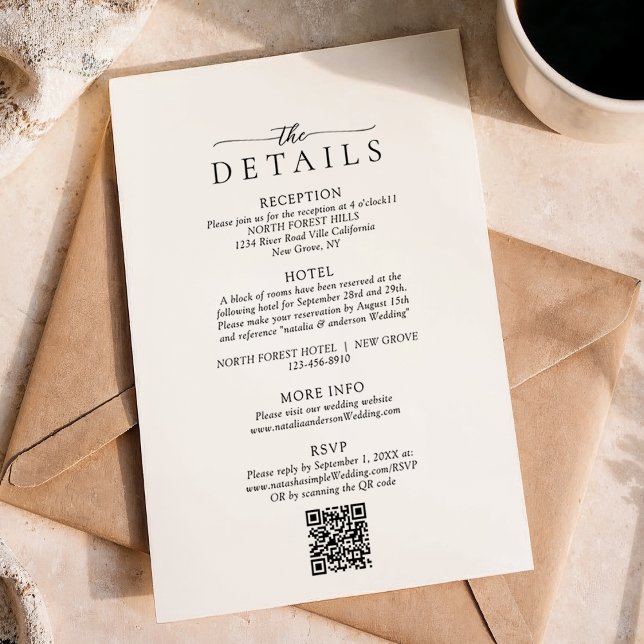 Moderne Minimalistische QR-Code-Hochzeitdetails Begleitkarte (Von Creator hochgeladen)
