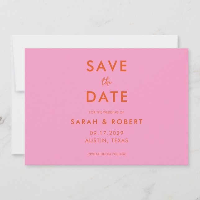 Moderne Minimalistische Rosa Orange Hochzeit Save The Date (Vorderseite)
