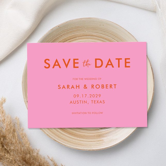 Moderne Minimalistische Rosa Orange Hochzeit Save The Date (Von Creator hochgeladen)