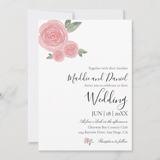 Moderne Minimalistische Rosa Rose Hochzeit Einladung (Vorderseite)