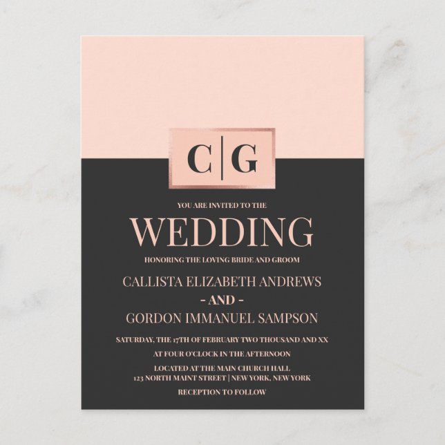Moderne Minimalistische rosa Schwarz-Farbblock-Hoc Einladungspostkarte (Vorderseite)