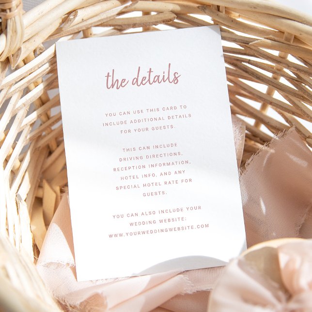 Moderne Minimalistische Rose | Details Begleitkarte (A simple, white and dusty pink wedding details card)