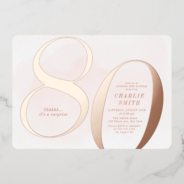 Moderne, minimalistische Rose Gold 80. Folieneinladung (Vorderseite)