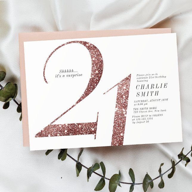 Moderne minimalistische Rose Gold Glitzer 21. Gebu Einladung (Modern minimalist rose gold glitter 21st birthday invitation)